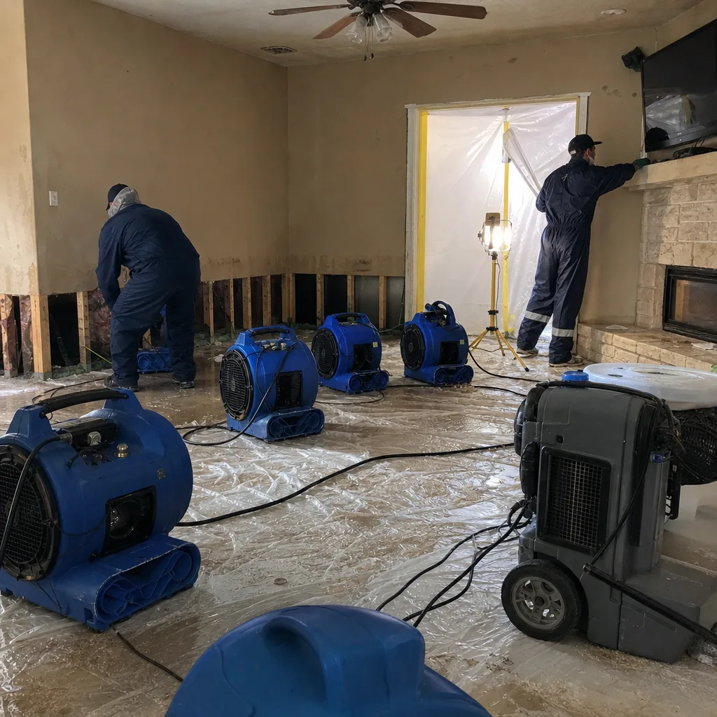 Technicians performing professional storm damage restoration with industrial drying equipment