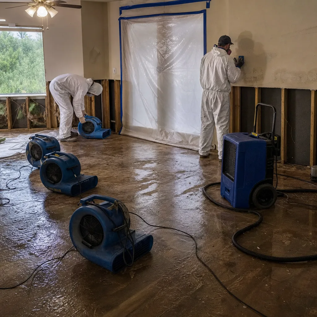 Technicians performing professional storm damage restoration in a water-damaged room