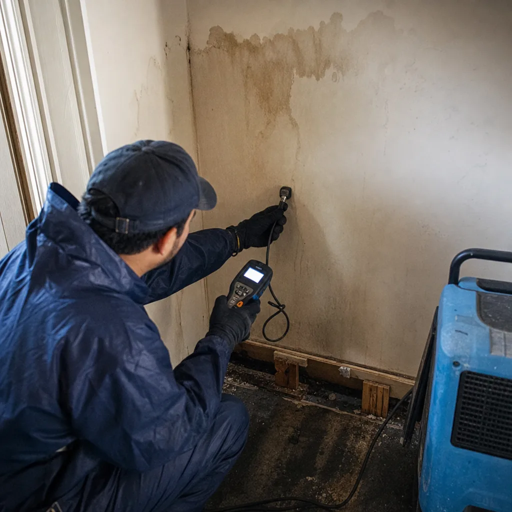 Professional technician checking wall moisture damage with a meter
