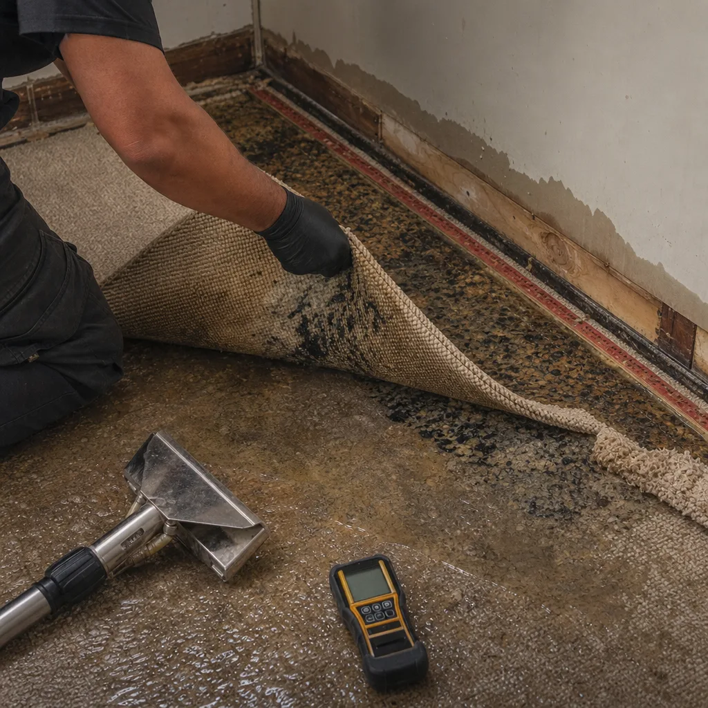 Professional performing water damage restoration on saturated carpet flooring
